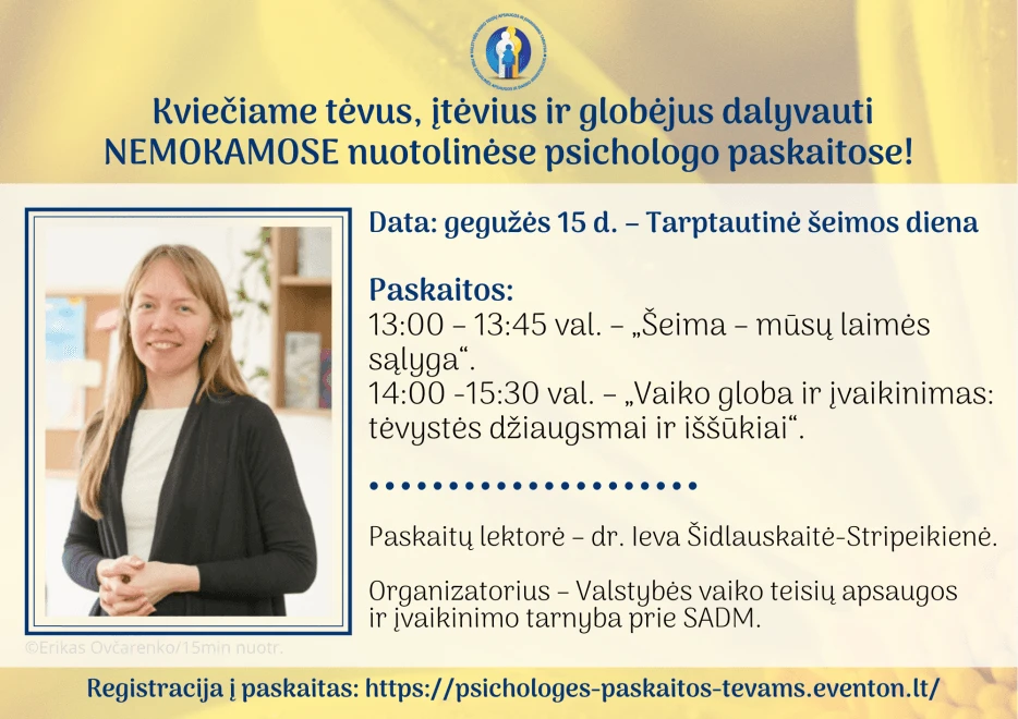 Nuotolinės nemokamos psichologės paskaitos tėvams, įtėviams ir globėjams