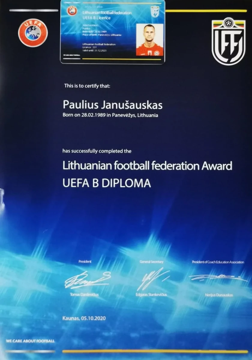 FK „Panevėžys“ kapitonas Paulius Janušauskas gavo B licenciją
