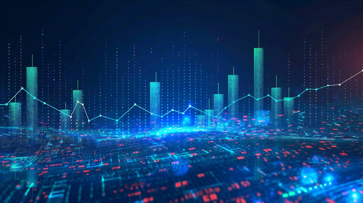 a cityscape with tall buildings and a skyline with a lot of lines and numbers