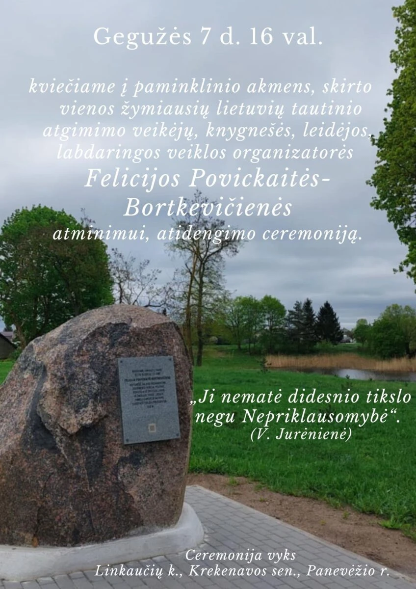 Žymios kraštietės F. Bortkevičienės atminimą jos gimtinėje įamžins paminklinis akmuo
