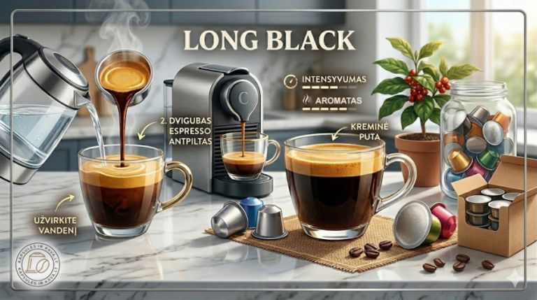 Kas yra Long Black kava ir kaip ją tobulai pasigaminti namuose? 2 Long Black iš kapsulesirkava.lt